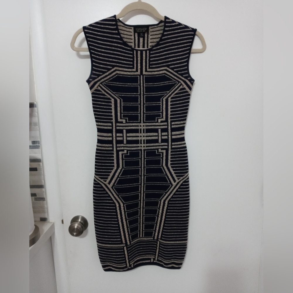 TopShop Sleeveless Slimming Effect Stretch Navy Blue And gold Shimmer Midi Dress